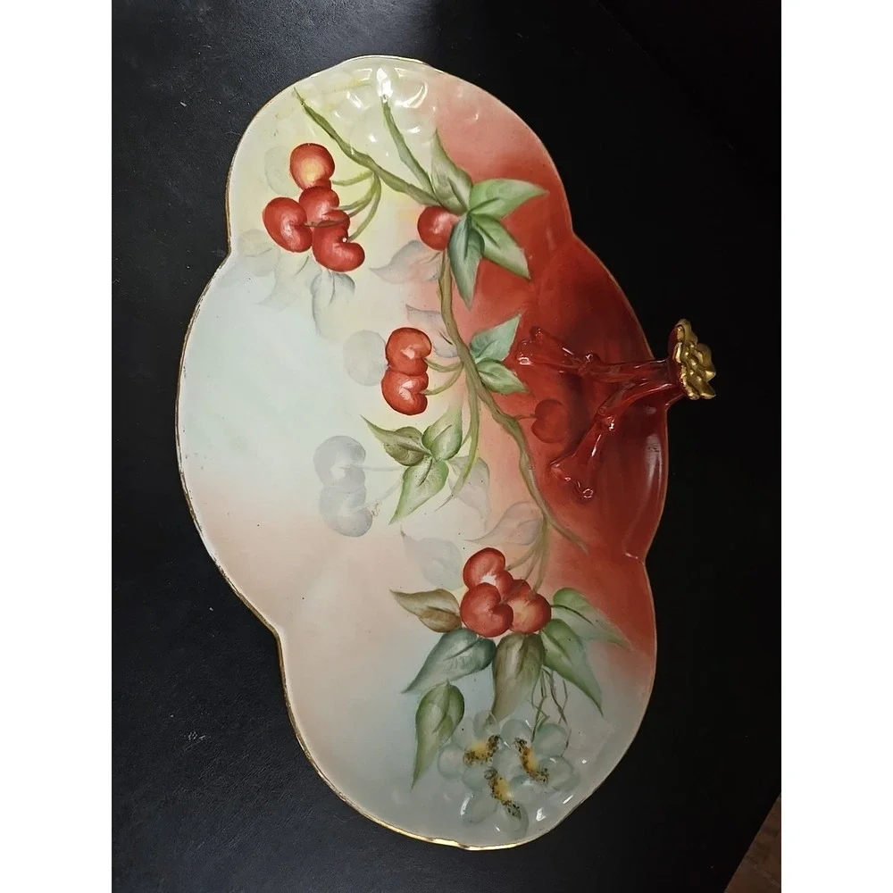 Limoges Cherries Split Handled Victorian Vanity Tray W.G. & Co Antique Gold Trim